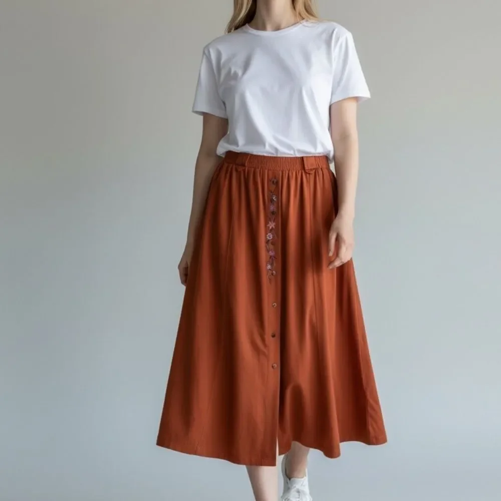 Vintage White Stag Embroidered Button-Down Skirt in Rust Color Size Medium